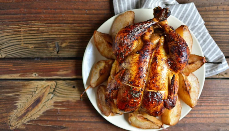 Pollo asado con peras