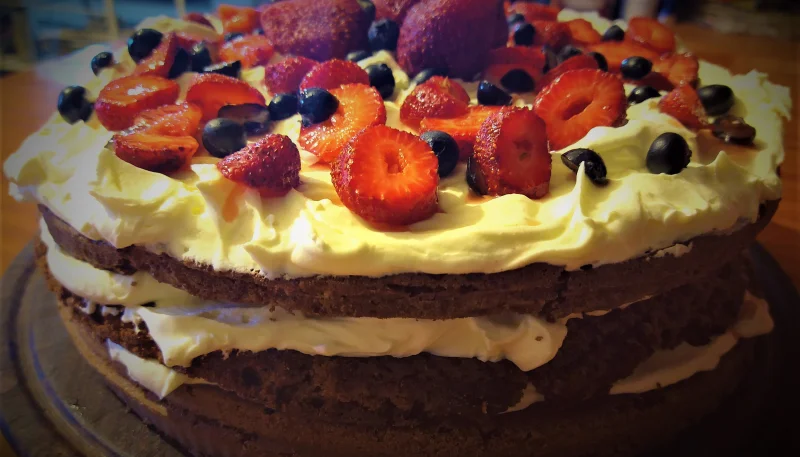 Pastel rústico de chocolate y frutos rojos