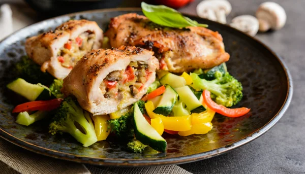 Rollo de pollo relleno de pimientos