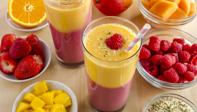 Batido de plátano, fresa y naranja