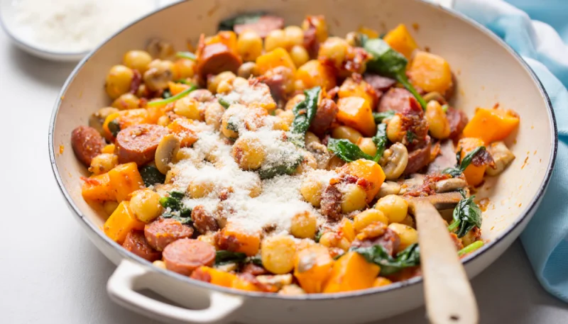 Ñoquis con chorizo y espinacas