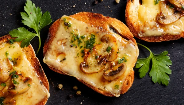 Tostada con queso y champiñones