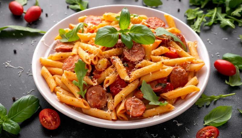 Pasta con albahaca y salchichas