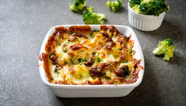 Gratinado de brócoli, castañas y queso de cabra