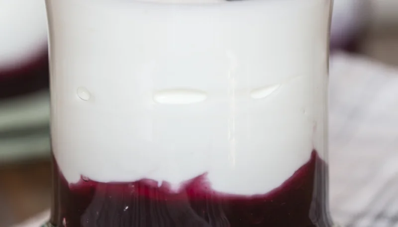 Yogur con mermelada de arándanos y arándanos frescos