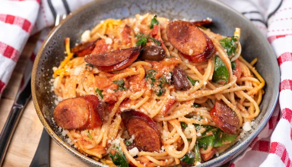 Espaguetis con pesto y chorizo