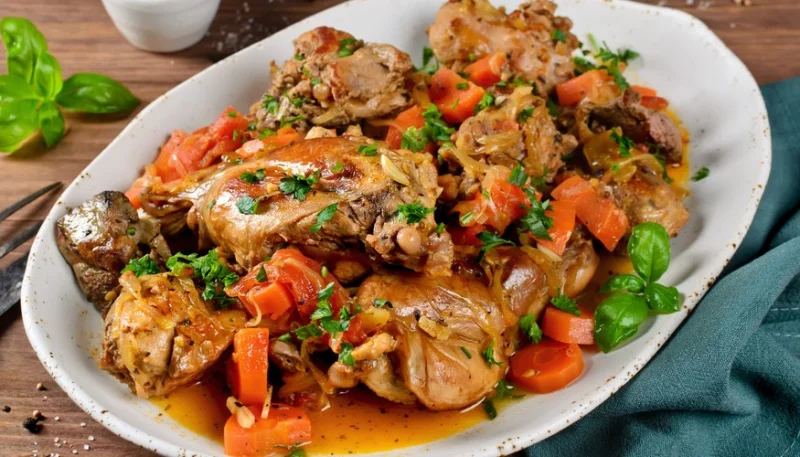 Conejo guisado con zanahorias y tomates