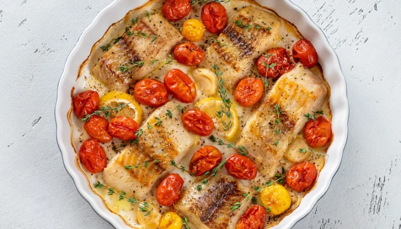 Rodaballo con tomates cherry