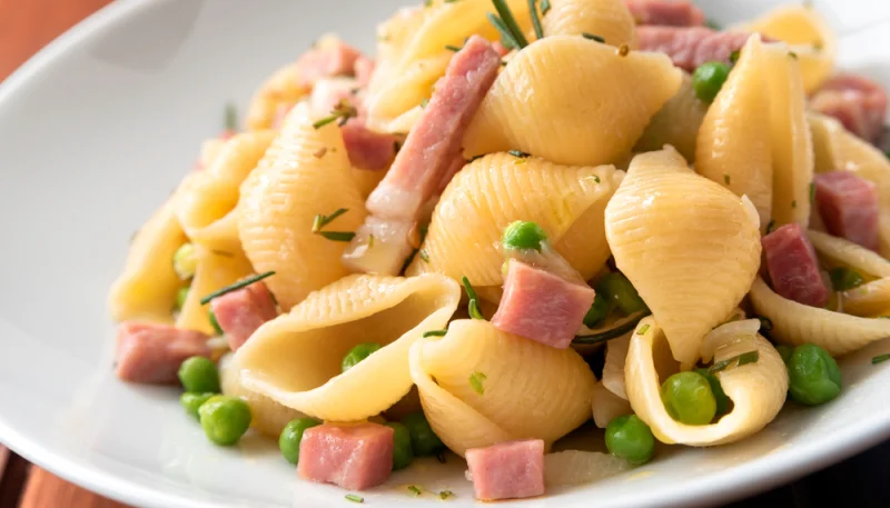 Pasta con jamón y guisantes