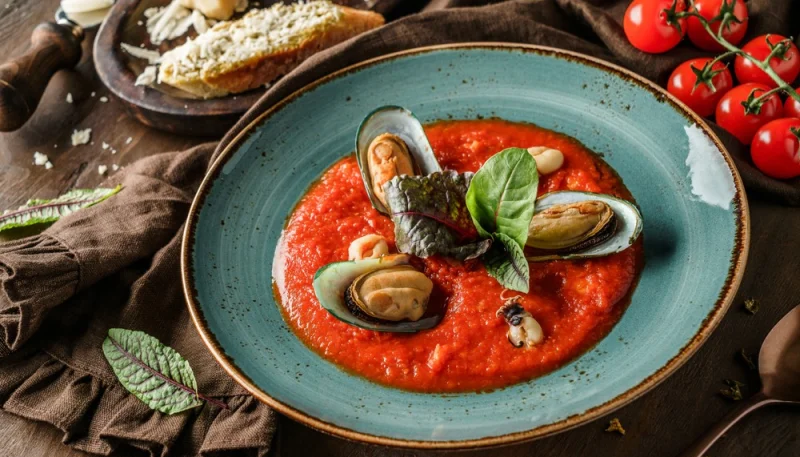Sopa fría de tomate con mejillones