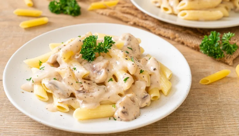 Pasta con champiñones en salsa de nata y pimienta